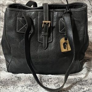 Black Leather Tote Bag with Gold Accent